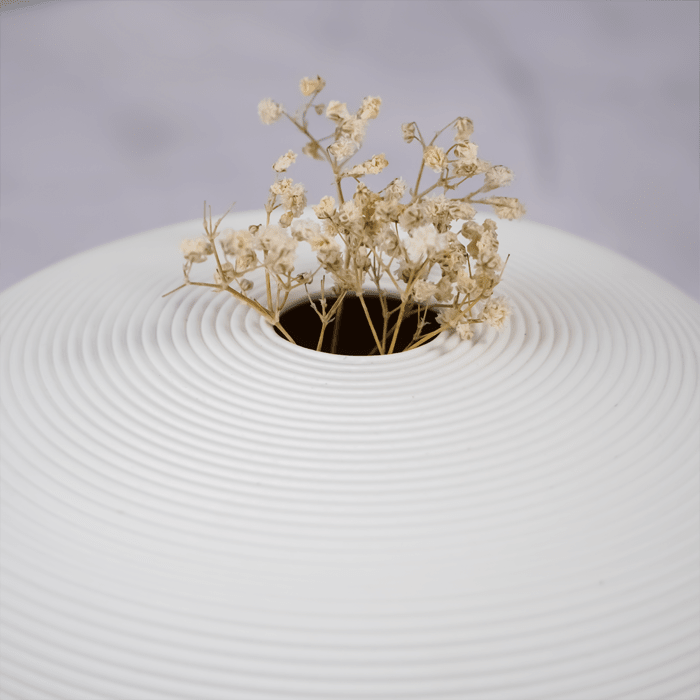 White Round Textured Vase - Unique Low Profile Design - The Golden Theory