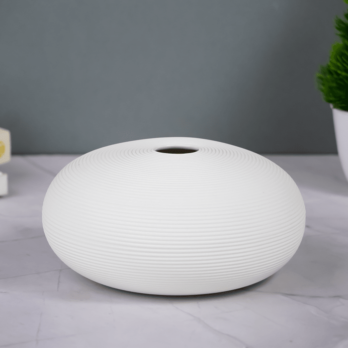 White Round Textured Vase - Unique Low Profile Design - The Golden Theory