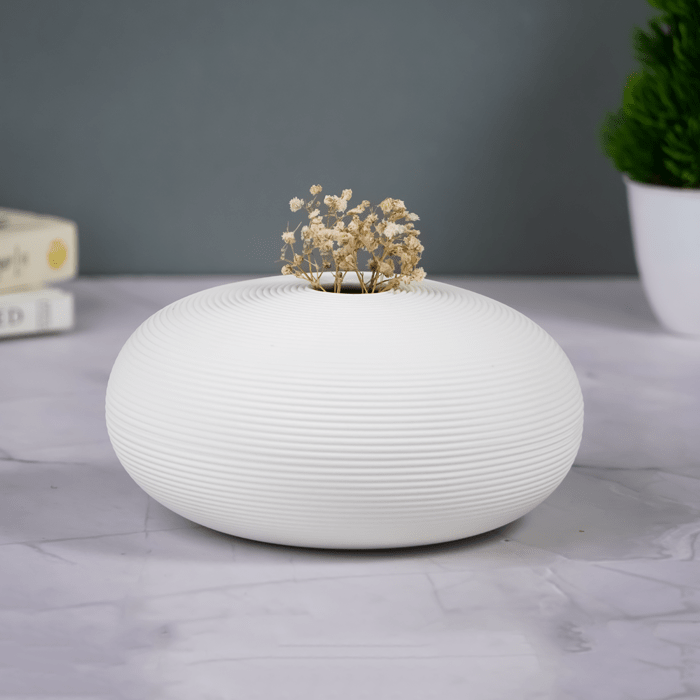 White Round Textured Vase - Unique Low Profile Design - The Golden Theory