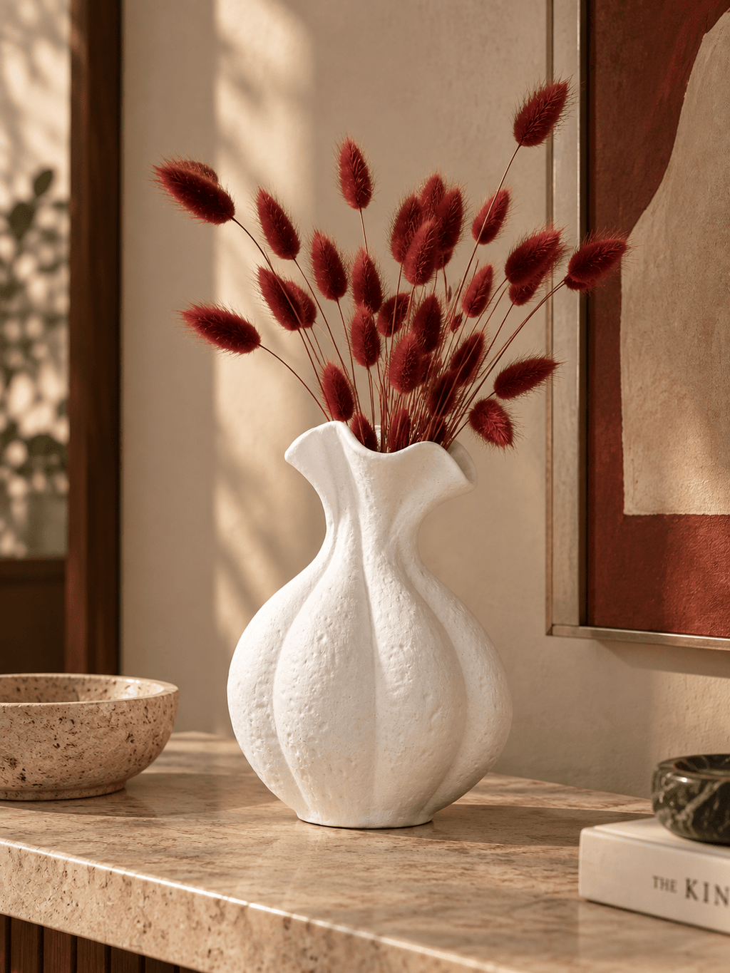 White Textured Ripple Vase with Flared Opening - The Golden Theory