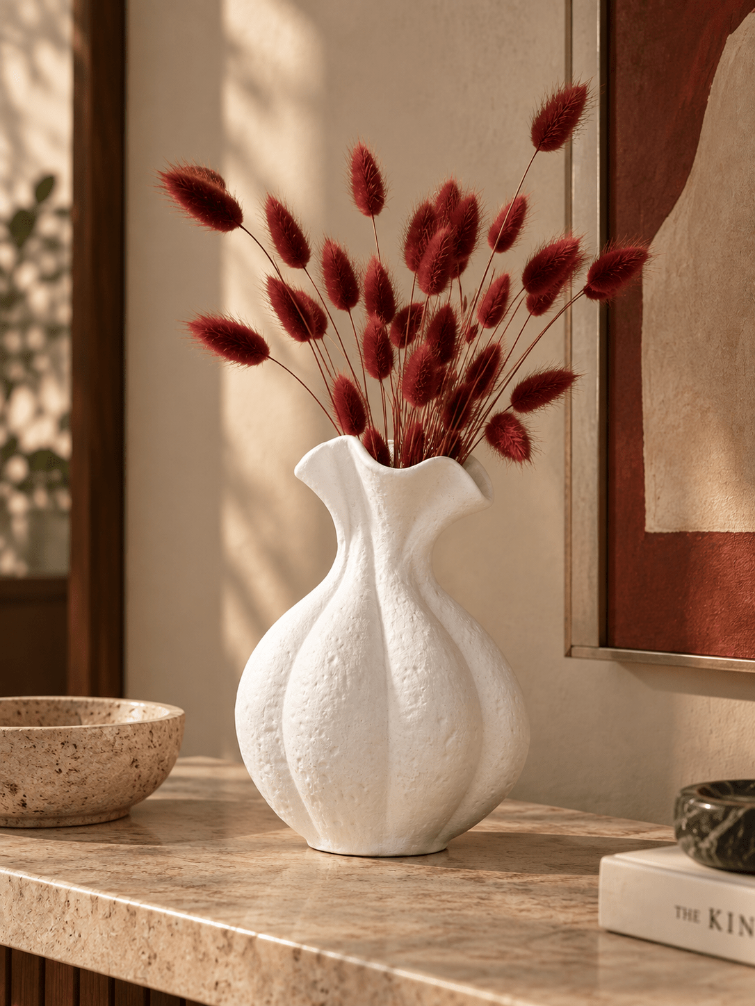 White Textured Ripple Vase with Flared Opening - The Golden Theory