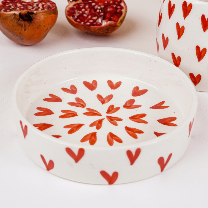 White with Red Heart Ceramic Mug and Plate Set - The Golden Theory