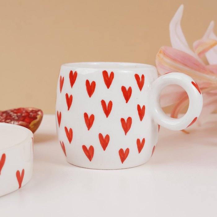 White with Red Heart Ceramic Mug and Plate Set - The Golden Theory