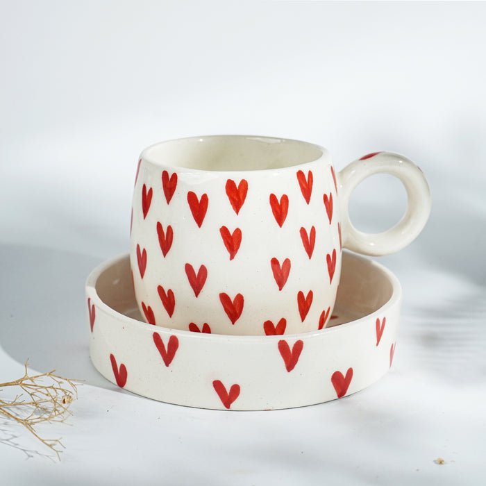 White with Red Heart Ceramic Mug and Plate Set - The Golden Theory