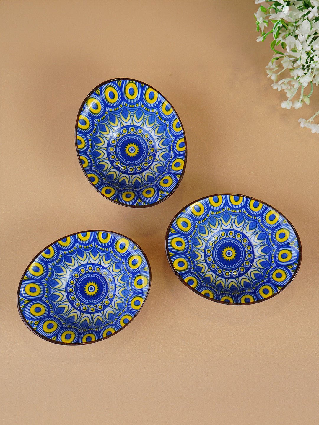 Yellow & Blue Sunburst Long Ceramic Bowls Set of 3 - The Golden Theory
