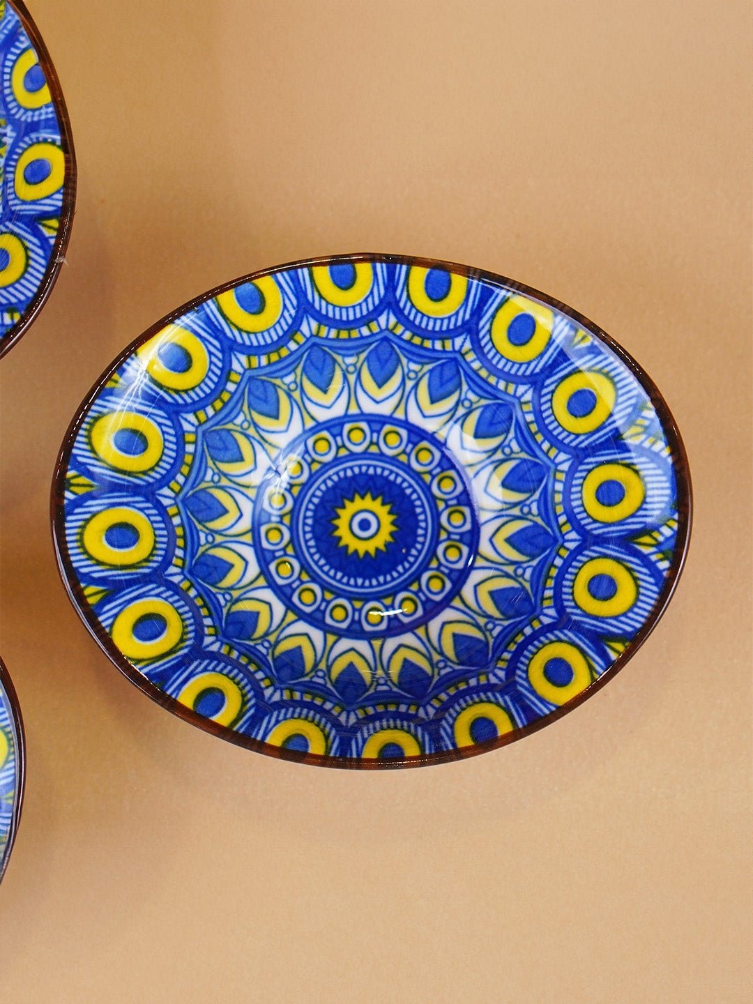 Yellow & Blue Sunburst Long Ceramic Bowls Set of 3 - The Golden Theory