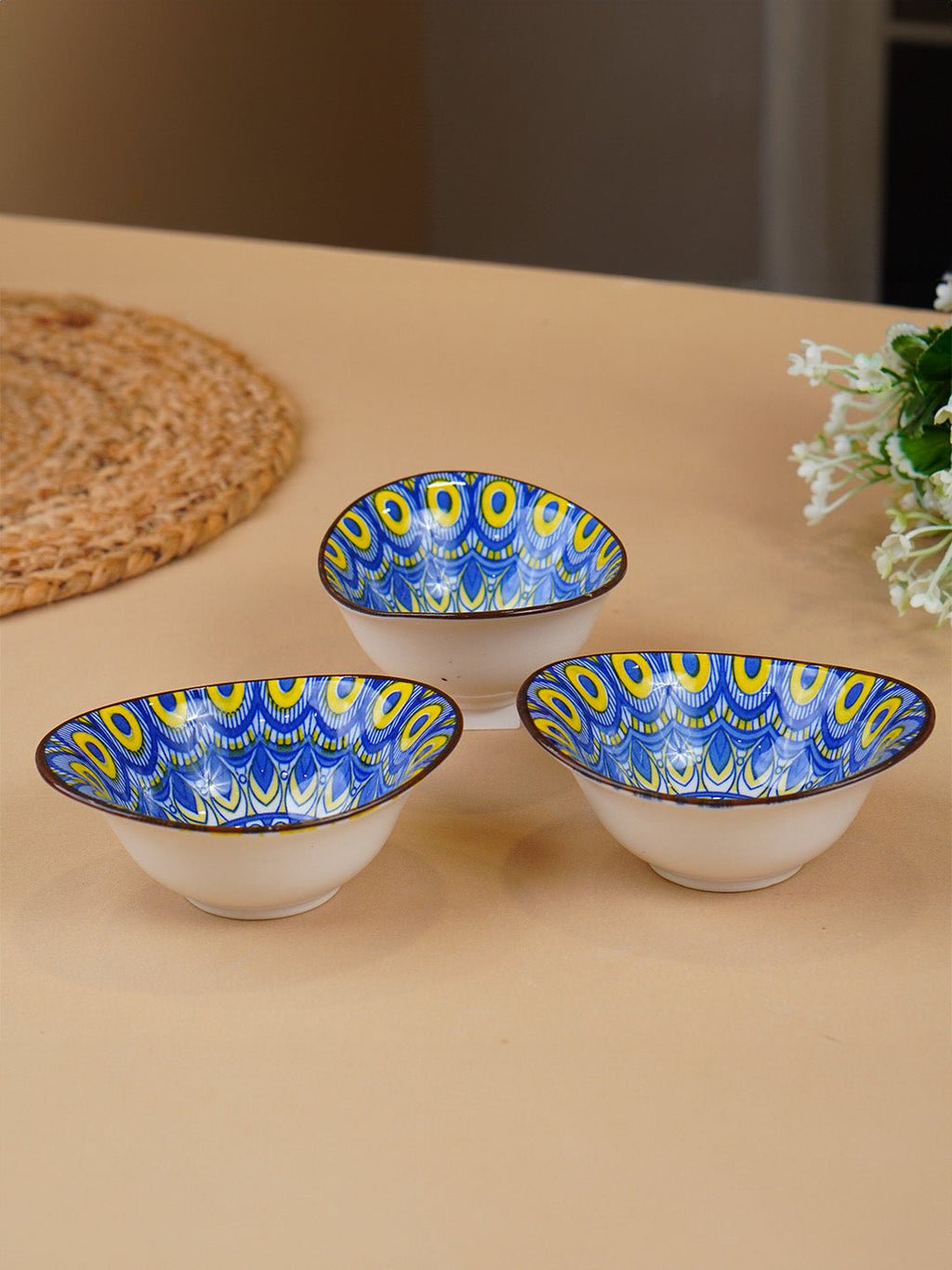 Yellow & Blue Sunburst Long Ceramic Bowls Set of 3 - The Golden Theory