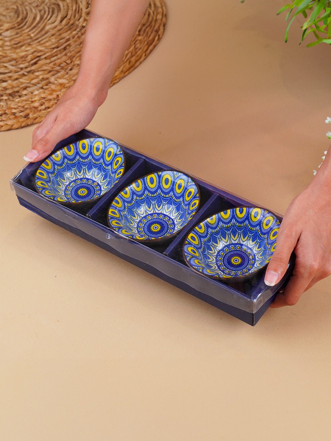 Yellow & Blue Sunburst Long Ceramic Bowls Set of 3 - The Golden Theory