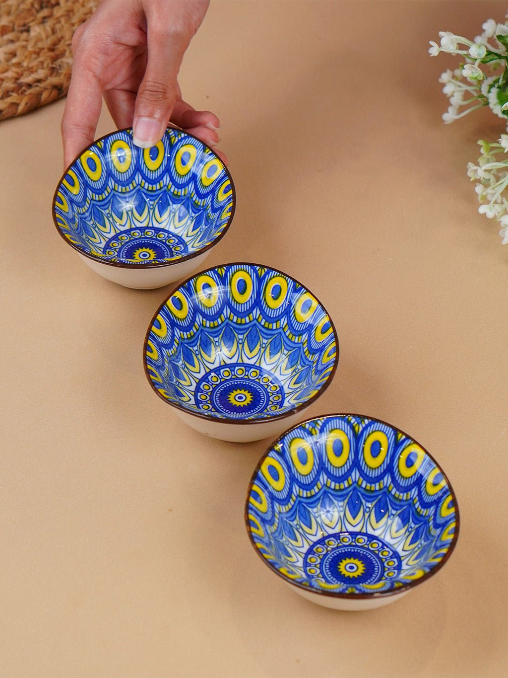 Yellow & Blue Sunburst Long Ceramic Bowls Set of 3 - The Golden Theory