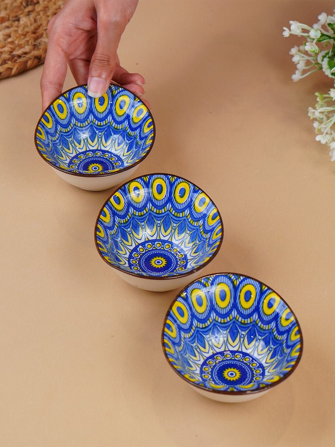 Yellow & Blue Sunburst Long Ceramic Bowls Set of 3 - The Golden Theory
